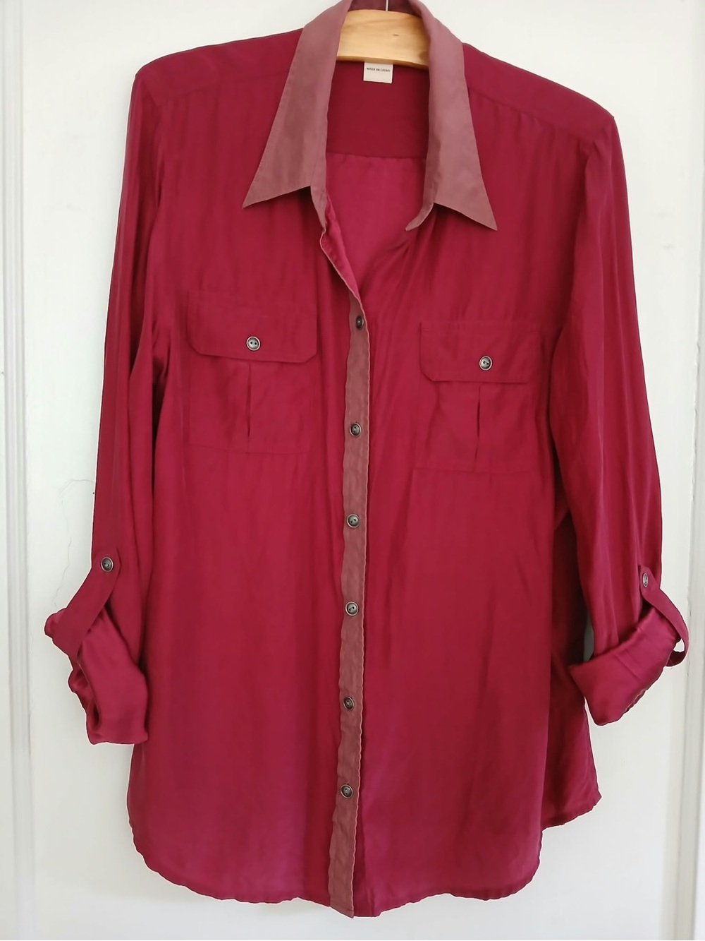 Lucky Brand Silk Button-Front Blouse - Berry with Contrast Collar